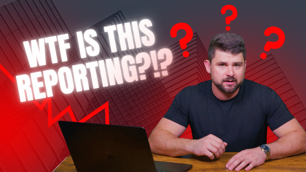 YouTube thumbnail featuring the phrase “WTF IS THIS REPORTING?!?” in bold white text with a red downward graph and a serious host expression, highlighting confusion and critique of misleading OTT reporting