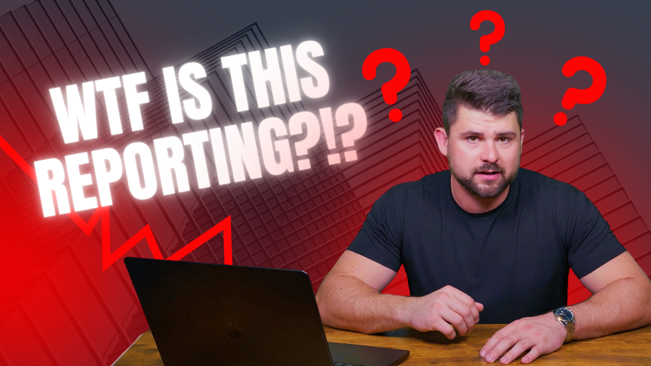 YouTube thumbnail featuring the phrase “WTF IS THIS REPORTING?!?” in bold white text with a red downward graph and a serious host expression, highlighting confusion and critique of misleading OTT reporting
