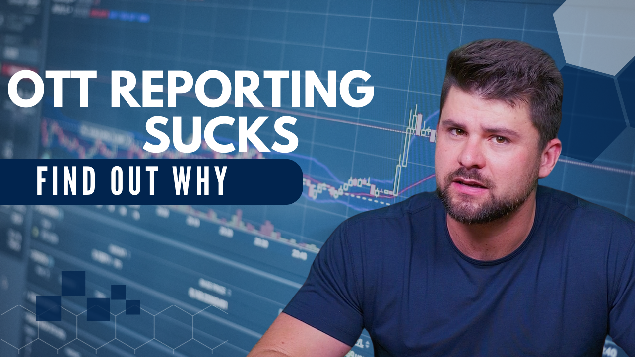 YouTube thumbnail featuring a man in a navy shirt in front of a trading dashboard background. The text reads: “OTT Reporting Sucks — Find Out Why.”