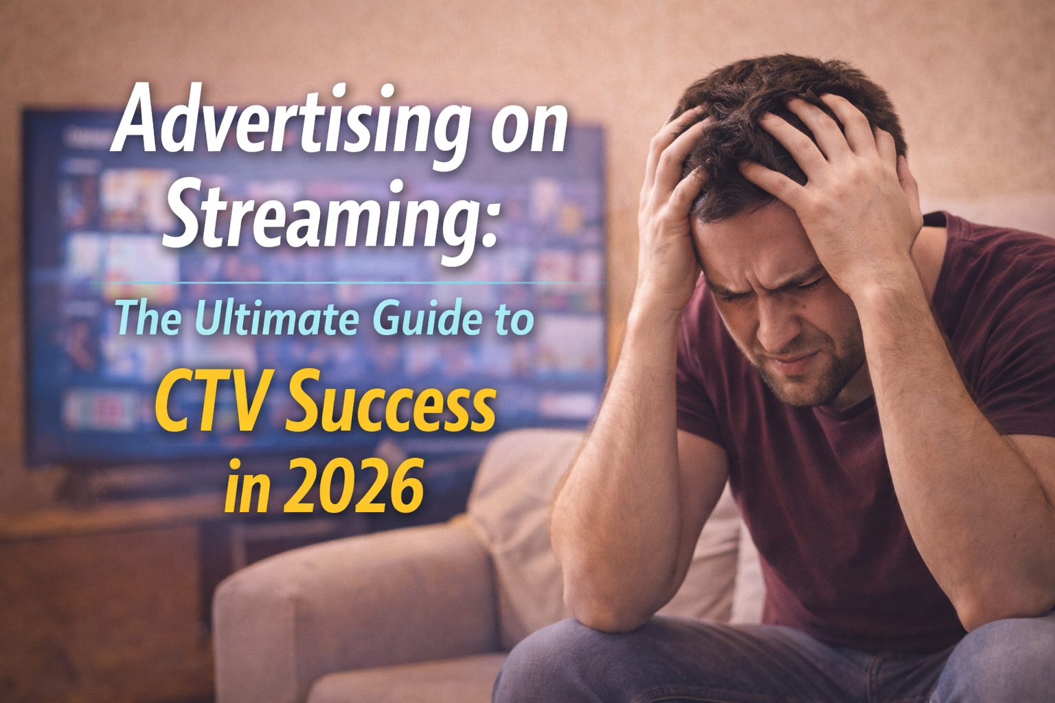Frustrated viewer watching streaming TV, representing the challenges of advertising on streaming and managing CTV performance.