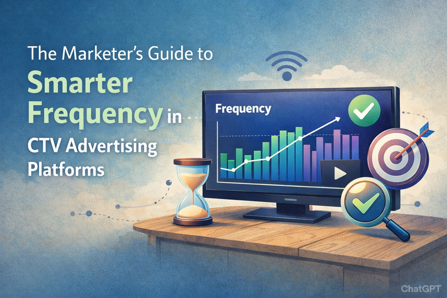 Television in a living room displaying a frequency bar chart with a notepad and checklist on a coffee table, representing strategic frequency management in a CTV advertising platform.