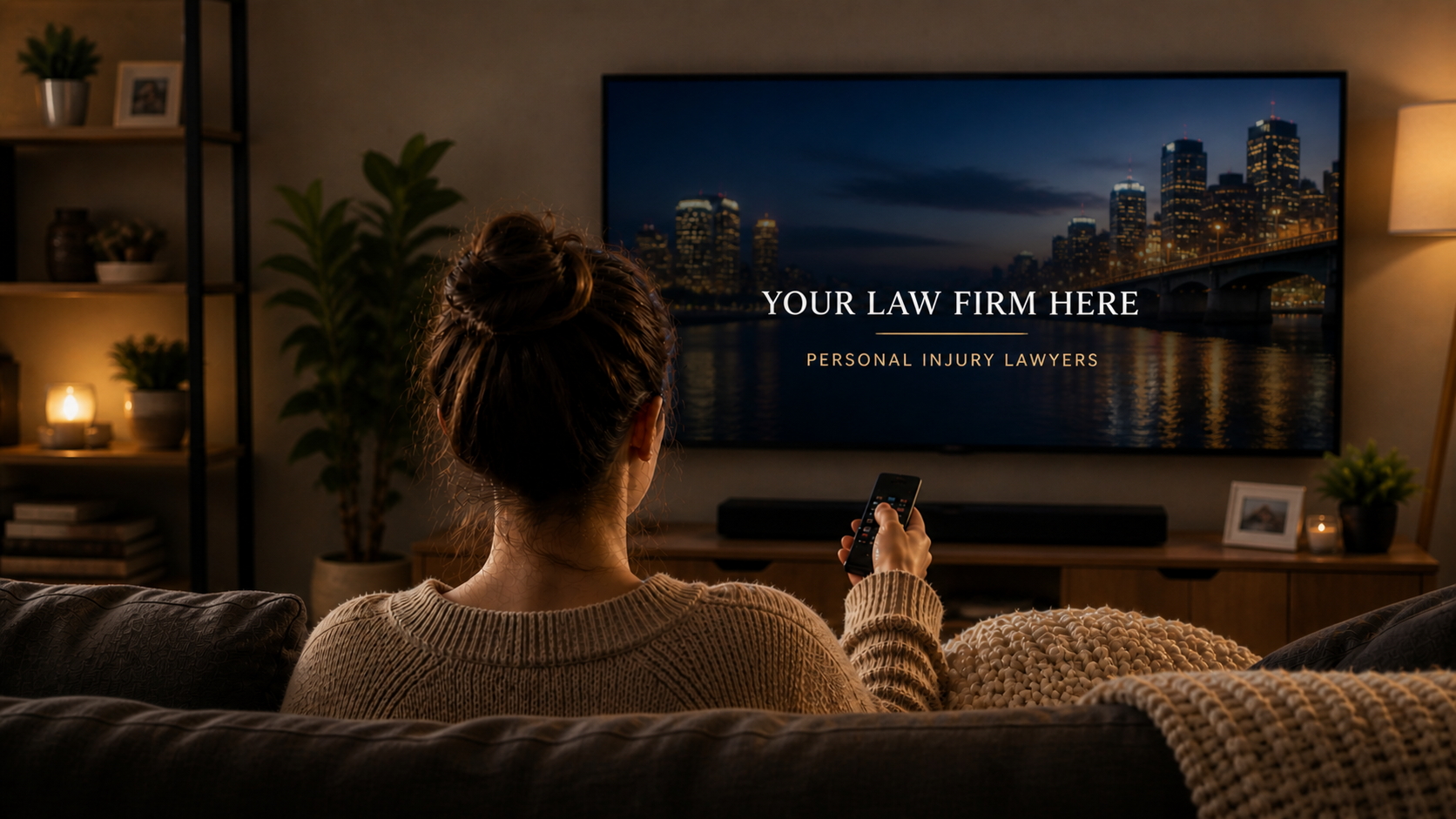 Person watching tv with law firm on the screen
