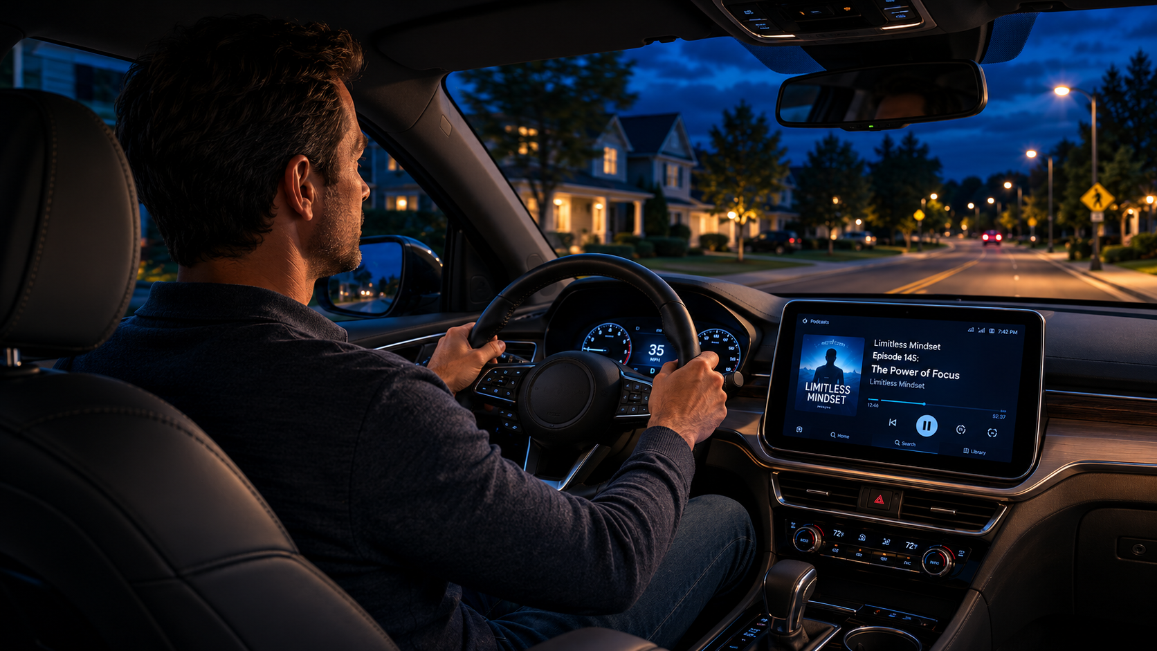 Streaming audio advertising reaching a driver listening to a podcast in the car