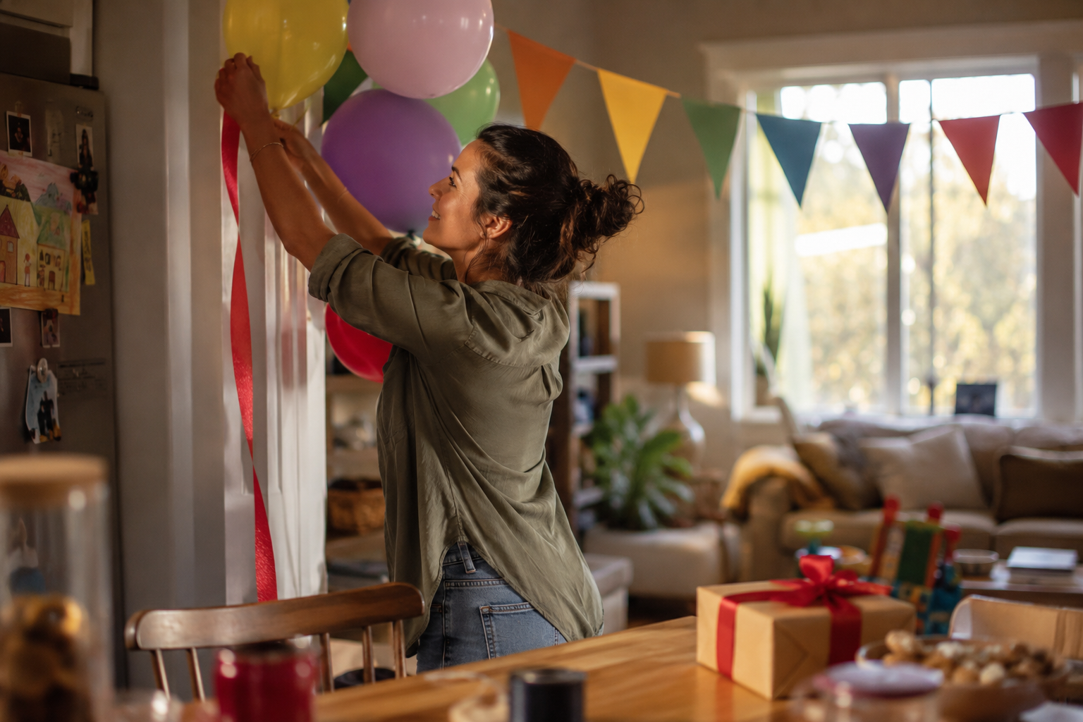 A parent setting up balloons and streamers for a birthday party at home