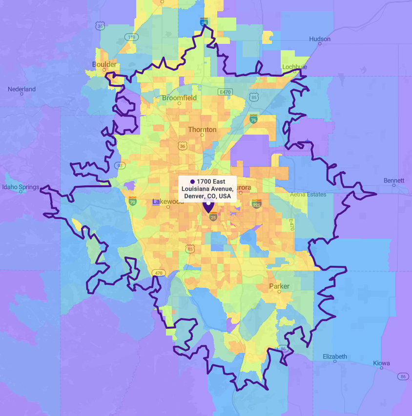 A drive-time map showing the local market a dealership can reach, Denver shown as an example