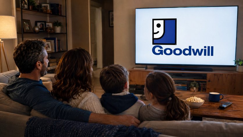 Nonprofit streaming advertising case study: a family watching a Goodwill ad on a streaming TV at home