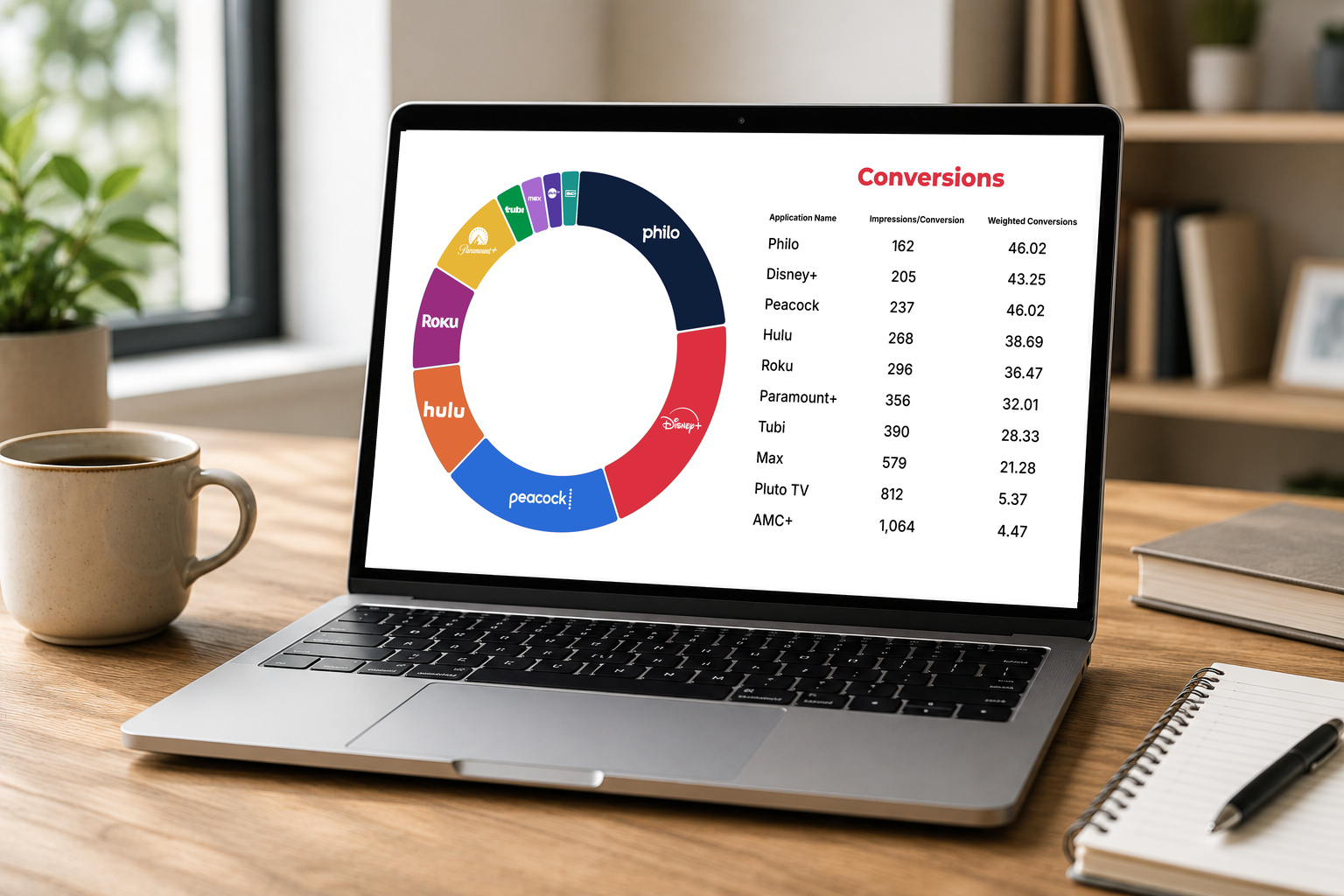 Philo campaign conversions in the Adduro reporting dashboard, shown on a laptop