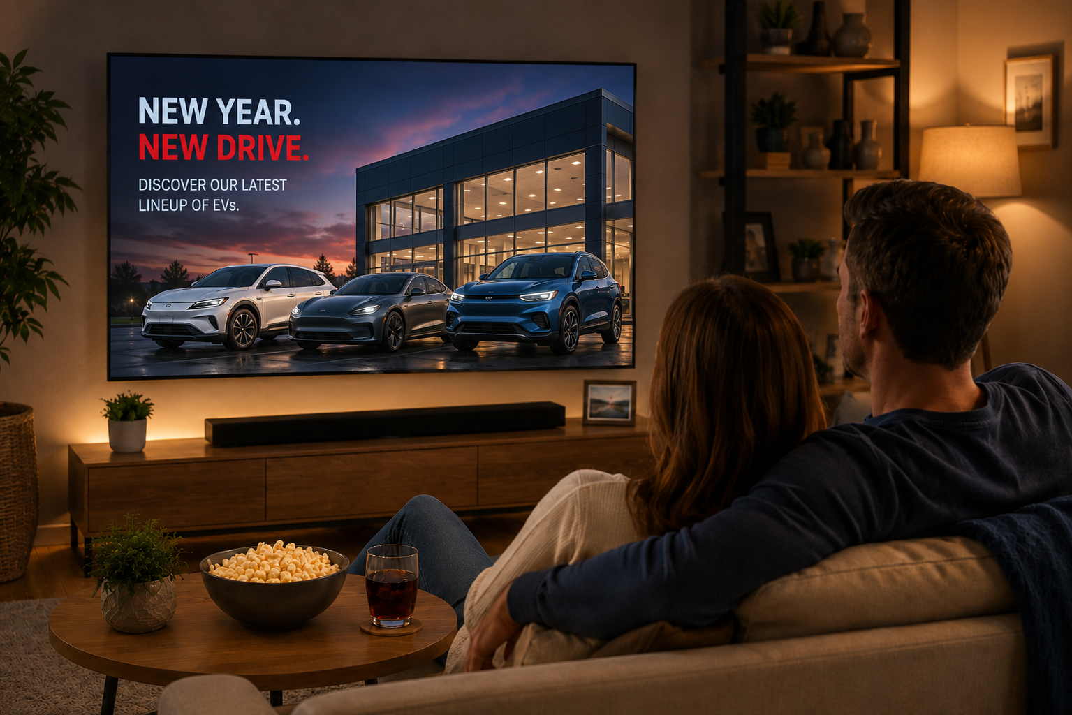 Auto dealership advertising on connected TV: a car shopper watching streaming at home in the dealer's market