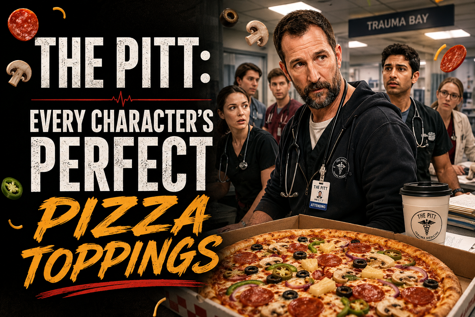The Pitt streaming show featured image showing each character’s perfect pizza toppings in a fun editorial graphic designed for fans who advertise on streaming audiences.