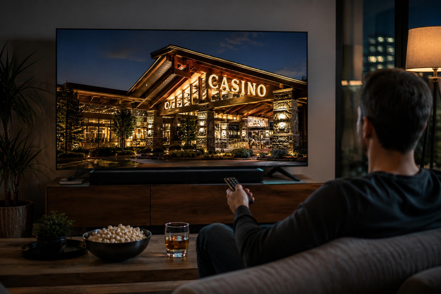 A regional casino at dusk, reached across streaming in the surrounding drive market