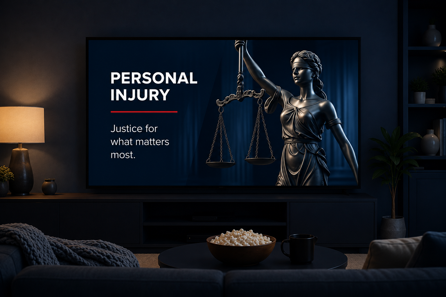 Streaming advertising by industry: a living-room TV playing a personal injury law firm ad