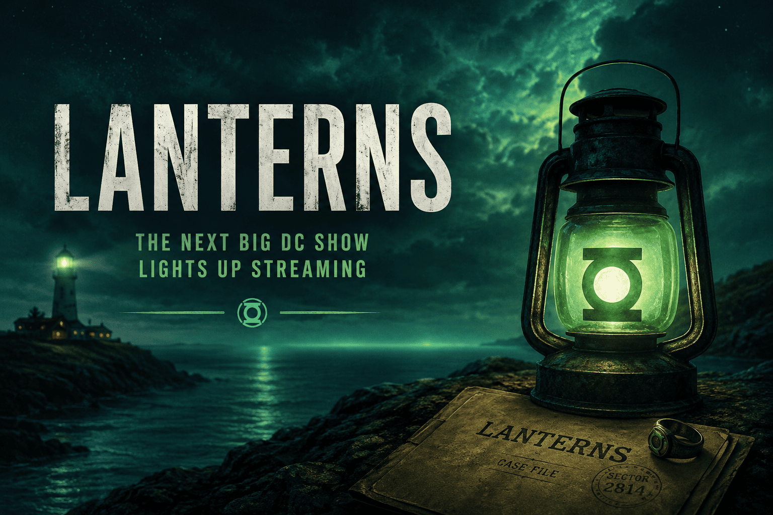 Advertise on streaming featured image inspired by Lanterns, featuring a glowing green lantern, mysterious lighthouse, and dark small-town atmosphere.