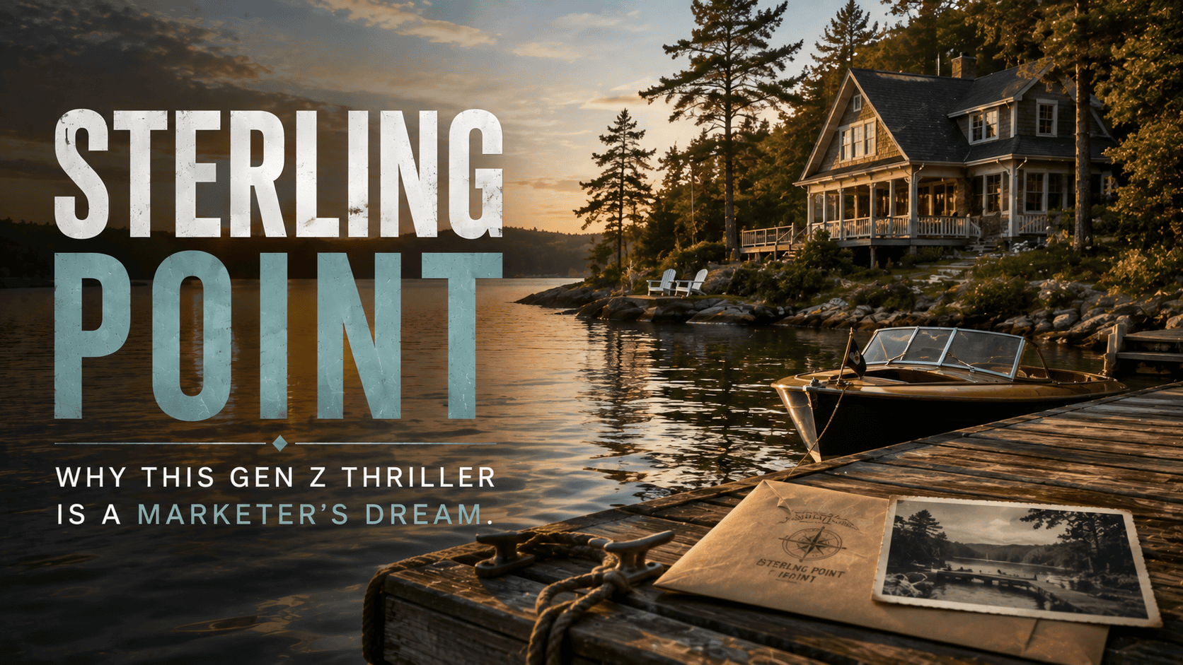 Sterling Point featured image showing a Muskoka lake, summer cottage, dock, and boat at golden hour for an article about advertise on streaming.