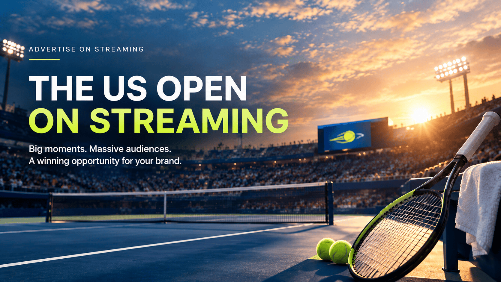 Featured image for a blog about the US Open on streaming, showing a tennis court and stadium at sunset with tennis rackets and balls in the foreground.