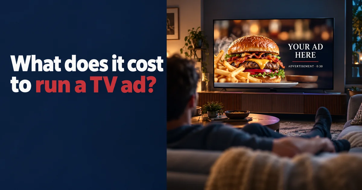How much does a 30-second local TV ad cost? A man watches a 30-second burger ad on a living room TV